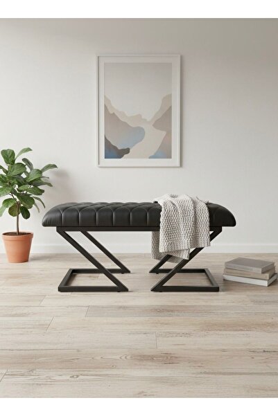 TodekHome Lux Metal Ayaklı Kapitoneli Siyah Deri Puf