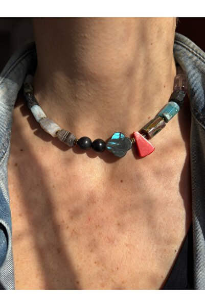 CAPO by Aytaç Yamaç Raw Cut Natural Stone Detailed Chakra Choker Necklace