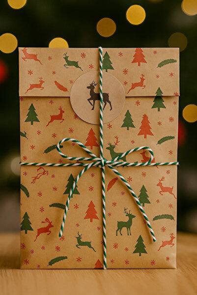 Dekals 20 Adet 13x24 cm Kraft Yılbaşı Desenli Dik Duran Hediye Kutusu Ambalaj Paketi