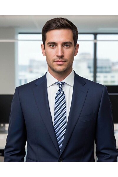 1001 Kravat ربطة عنق حريرية بعرض 7.5 سم مخططة باللون الأزرق الداكن والأبيض وا...