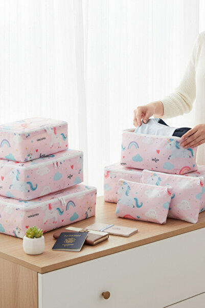 Textile sweet 7'li Unicorn Desenli Bavul İçi Düzenleyici Valiz Düzenleyici Organizer Set