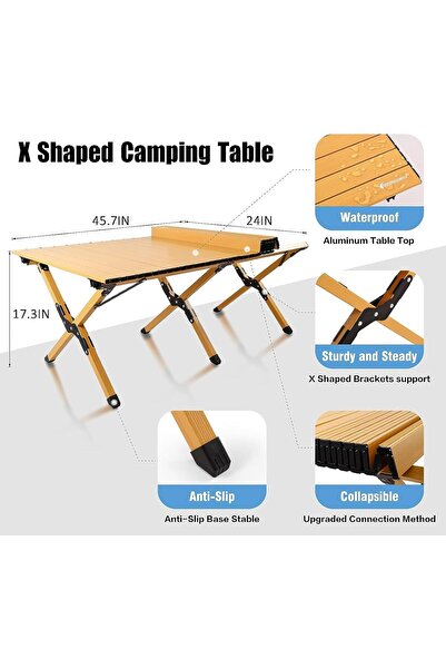 fulina Camping Table, Portable Aluminum Roll Up Table, Lightweight Wood Grain Roll Up Table with Carrying B