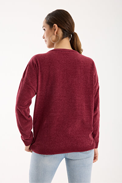 Moda Days Women's Burgundy Chenille Velvet Color Block Stone Detailed Crew Neck Knitwear Sweater