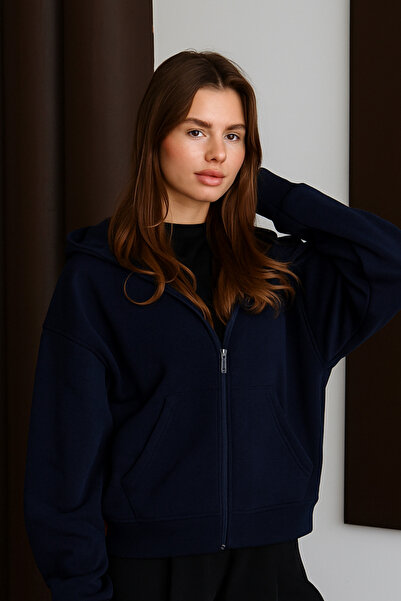 Mogi Butik Women's 3 Thread Fleece Lined Hooded Oversize Sweat Cardigan 3095