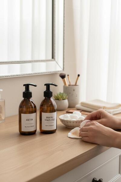 ANJEAHOME Minas 2-Pack 250 ml Glass Amber Bottle |   Acetone & Makeup Remover with Label |   Stylish Organizer with Pump