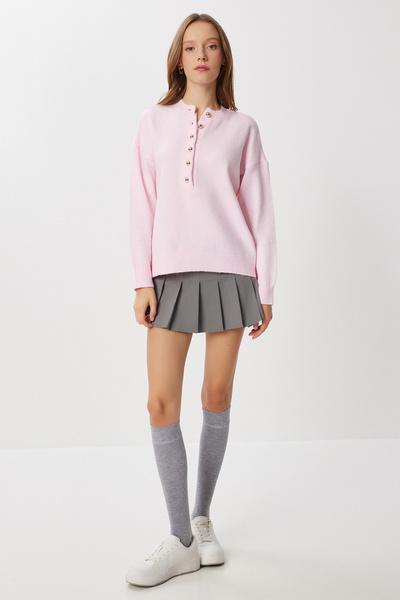 Lovelyİstanbul Düğmeli Yumuşak Dokulu Triko Kazak LMT0045 ŞEKER PEMBE