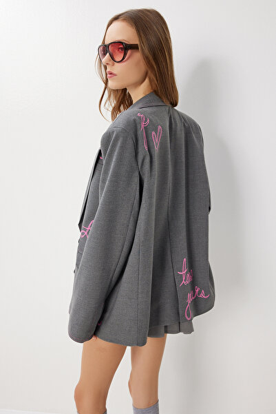 Lovelyİstanbul oversized Μπουφάν με κεντημένο υφαντό σχέδιο βάτα τεμαχίων LRG0054 ΑΝΘΡΑΚΙΤΙΚΟ