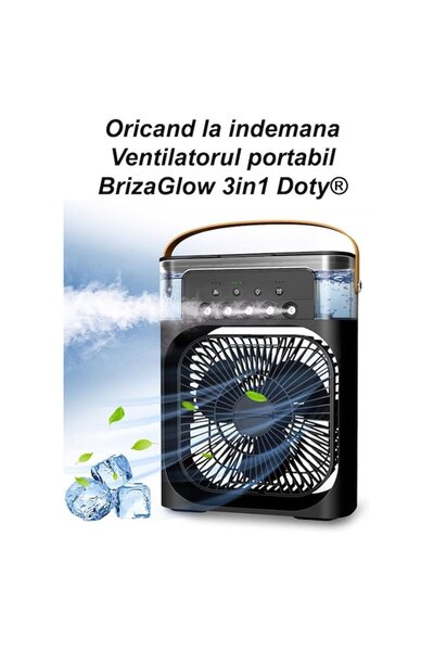 Doty BrizaGlow 3-in-1 Portable Fan Doty, USB, LED Light, Cooling, Humidifying, 3 Speeds, Black