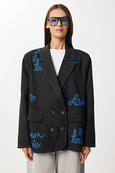 Lovelyİstanbul Túlméretezett, bélelt, hímzett szőtt kabát LRG0054 FEKETE