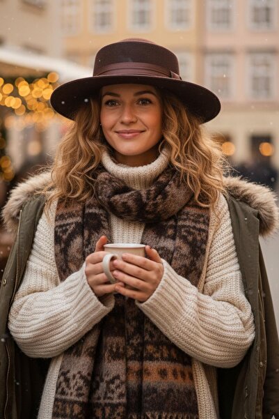 Külah Women's Satin Striped Dark Brown Boater Hat