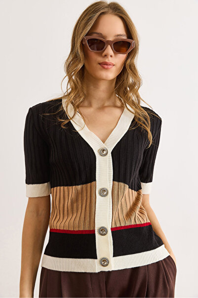 Olalook Women's White Black V-Neck Color Block Short Sleeve Knitwear Cardigan Hrk-19000435