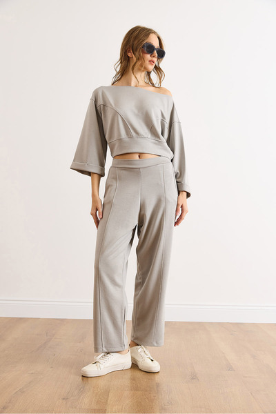 Olalook Kadın Gri Dikiş Detaylı Modal Tuşeli Alt Üst Takım TKM-19000449