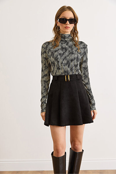 Olalook Kadın Siyah Yanı Fermuarlı Kemerli Pilise Mini Süet Etek ETK-19000361