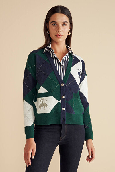 BROOKS BROTHERS Kadın Yeşil-Lacivert Yün Karışımlı Baklava Desenli Kuzulu Hırka