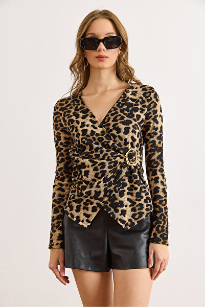 Olalook Women's Stone Leopard Accessory Detailed Double-Breasted Flexible Corded Fabric Blouse Blz-19003110