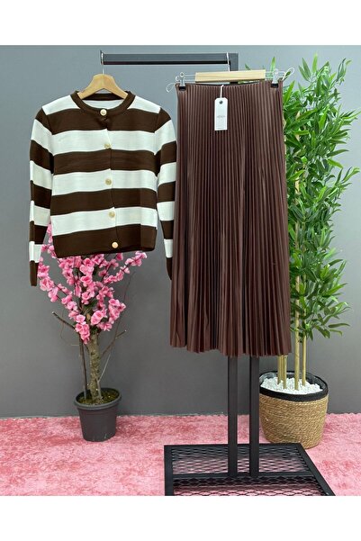 exxitcollection Γυναικείο Μαντίλι Πλεκτό Ζακέτα Πλισέ Φούστα Διπλό Σετ