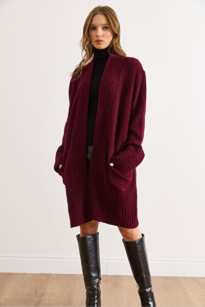 Olalook Women's Burgundy Pocket Detail Collar Detailed Soft Textured Knitwear Cardigan Hrk-19000322