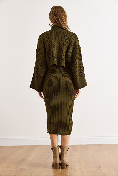 Olalook Kadın Haki Saç Örgülü Kazak Elbise Triko Takım TKM-19000455