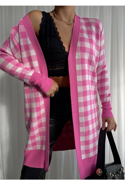 bayansepeti Women's Pink and White Square Patterned Long Knit Cardigan 069
