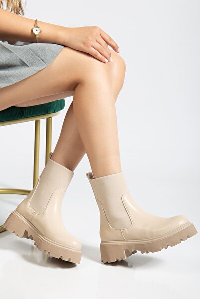 Aymood K-815 Beige Elastic High-Sole Daily Women's Boots