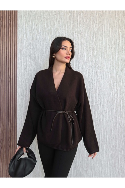 ESRAHELVACI Deri Kemerli Triko Hırka