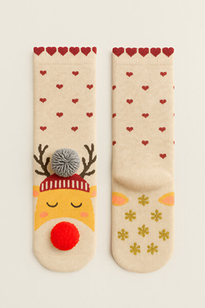 Katia&Bony Детски коледни чорапи до коляното с помпони и мотив на северен елен