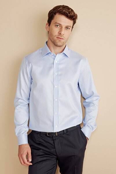 BROOKS BROTHERS Erkek Mavi-Beyaz %100 Pamuk Klasik Yaka Slim Fit Çizgili Non ...