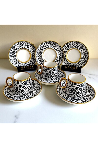 Sudedi Home Della 6 Kişilik Leopar & Zebra Desenli Porselen Türk Kahvesi Fincan Takımı
