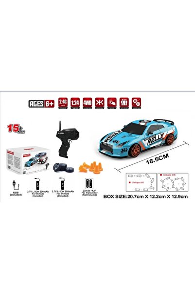 Toy RC remote control car 1/24 drift 4WD 15 km/h LED lights, 2 batteries, cyan