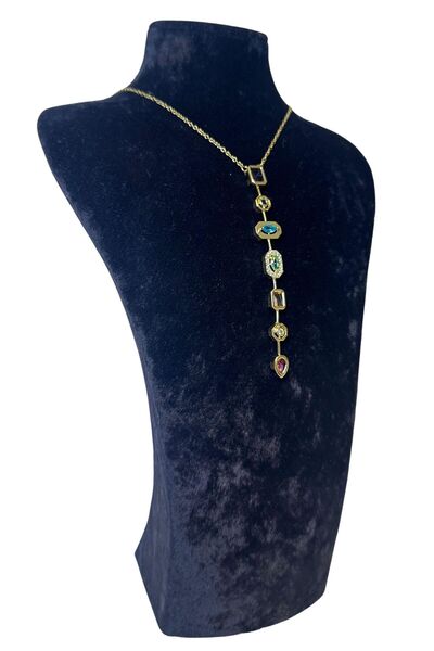 Uretti Melik 9215 7763 Seven Elements Gold Color and Colorful Stone Steel Y Necklace