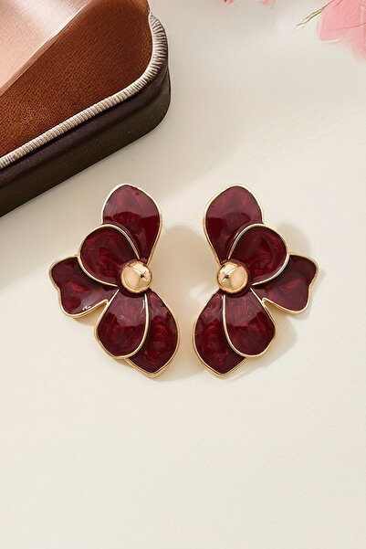 Glaren Bordo Çiçek Altın Renk Kadın Küpe