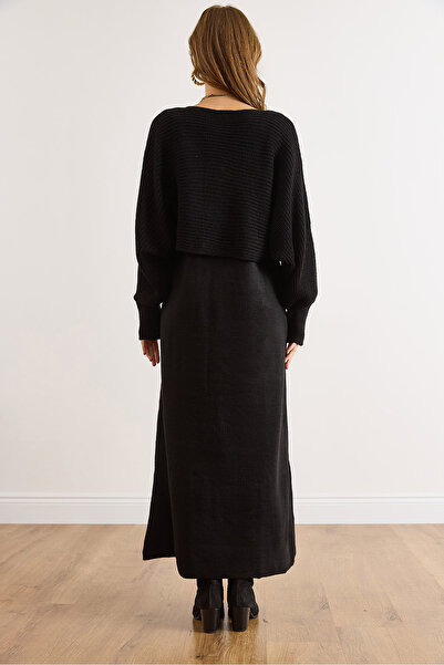 Olalook Kadın Siyah Kazak Elbise Triko Takım TKM-19000453