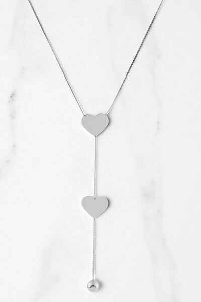 AXXION قلادة ربطة عنق فضية اللون على شكل قلب مزدوج |   تصميم عصري وأنيق