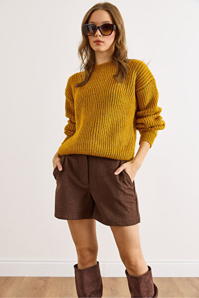 Olalook Women's Mustard Thick Knit Fleece-Lined Balloon Sleeve Knitwear Sweater Kzk-19000863