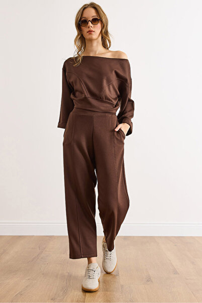 Olalook Kadın Kahverengi Dikiş Detaylı Modal Tuşeli Alt Üst Takım TKM-19000449