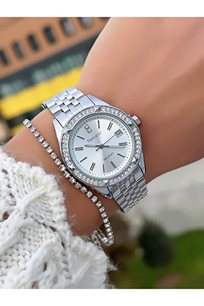 Ferrucci ÇELİK KORDON TAKVİMLİ KADIN KOL SAATİ 3 ATM SU GEÇİRMEZ 2 YIL MEKANİZMA GARANTİLİ+BİLEKLİK HEDİYELİ