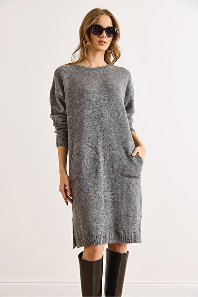 Olalook Kadın Gri Kanguru Cepli Yırtmaçlı Triko Tunik Elbise ELB-19002550