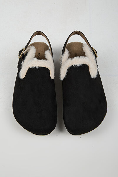 no miento Lapaz Fur Women's Vegan Leather Buckle Black Sabo Slippers