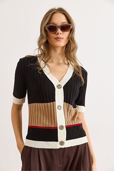 Olalook Women's White Black V-Neck Color Block Short Sleeve Knitwear Cardigan Hrk-19000435