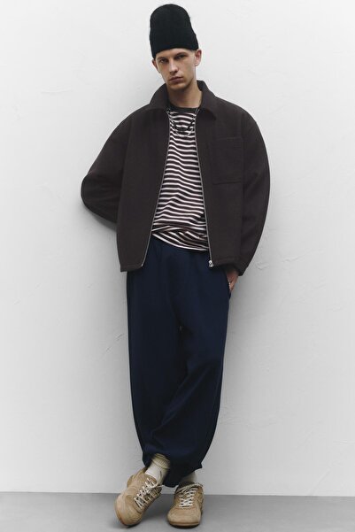 Pull & Bear Fermuarlı kaşe ince ceket