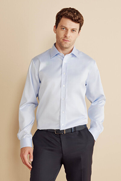 BROOKS BROTHERS Erkek Mavi %100 Pamuk Klasik Yaka Regular Fit Gabardin Doku Non Iron Gömlek