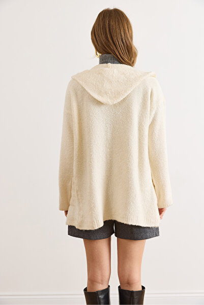 Olalook Women's Ecru Hooded Pocket Boucle Knit Cardigan HRK-19000433
