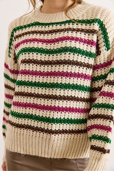 Olalook Women's Stone Fuchsia Colored Striped Thick Soft Textured Knitwear Sweater Kzk-19000917