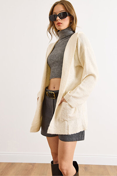 Olalook Women's Ecru Hooded Pocket Boucle Knit Cardigan HRK-19000433