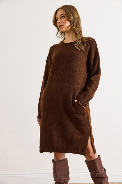 Olalook Kadın Acı Kahve Kanguru Cepli Yırtmaçlı Triko Tunik Elbise ELB-19002550