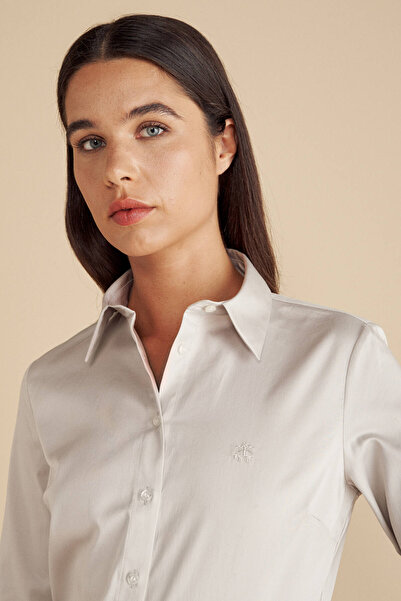 BROOKS BROTHERS Kadın Gri %100 Pamuk Logo Nakışlı Business Gömlek