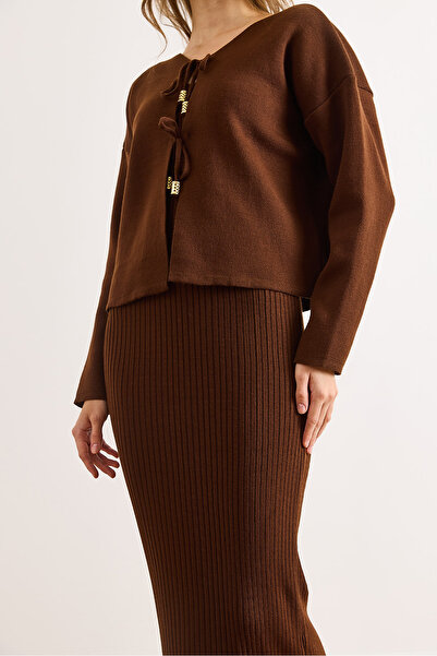 Olalook Kadın Kahverengi Üst Hırka İç Elbise Triko Takım TKM-19000456