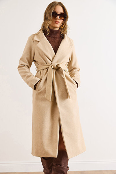 Olalook Women's Milk Coffee Belted Lined Premium Cashmere Coat with Pockets Kbn-19000013