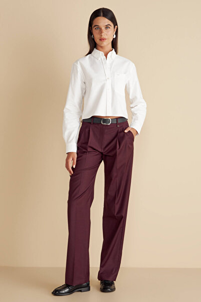 BROOKS BROTHERS Kadın Bordo Yün Karışımlı Metal Logolu Çift Pileli Yün Palazzo Pantolon