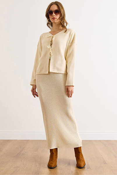 Olalook Kadın Ekru Üst Hırka İç Elbise Triko Takım TKM-19000456